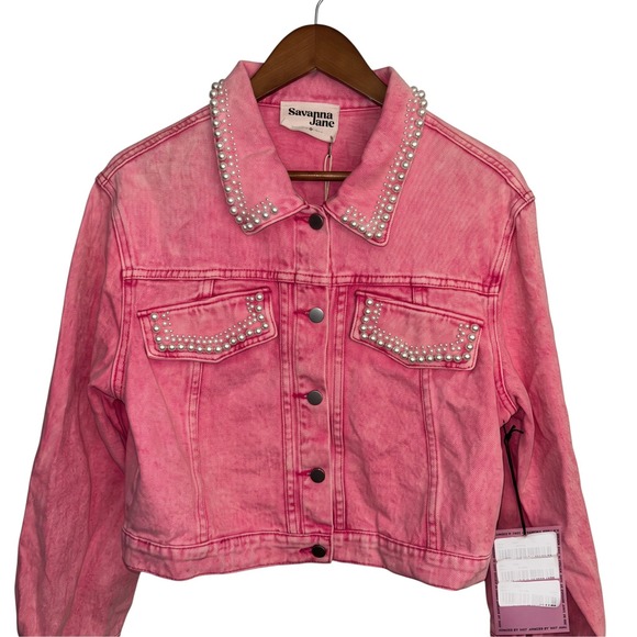 Savanna Jane Jackets & Blazers - Savanna Jane Pink Acid Wash Pearl Embellished Denim Jacket Western Cropped Small